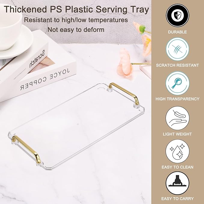 PATIKIL 16.1 x 8.7 Inches Plastic Serving Tray with Golden Handles, Reusable Tray Rectangular Party Platters for Dessert Coffee Tea Table, Living Room Kitchen Countertop, Transparent