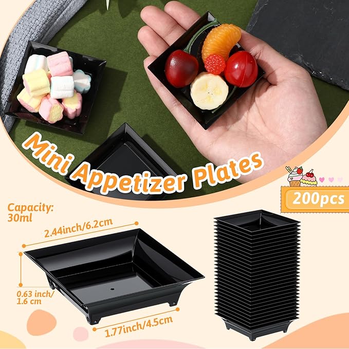 200 Pcs Mini Appetizer Plates Bulk 1 oz 2.4 Inch Square Plastic Dessert Plates Disposable Appetizer Tray for Wedding Shower Valentine's Salad Cake Afternoon Tea Birthday Party (Black)