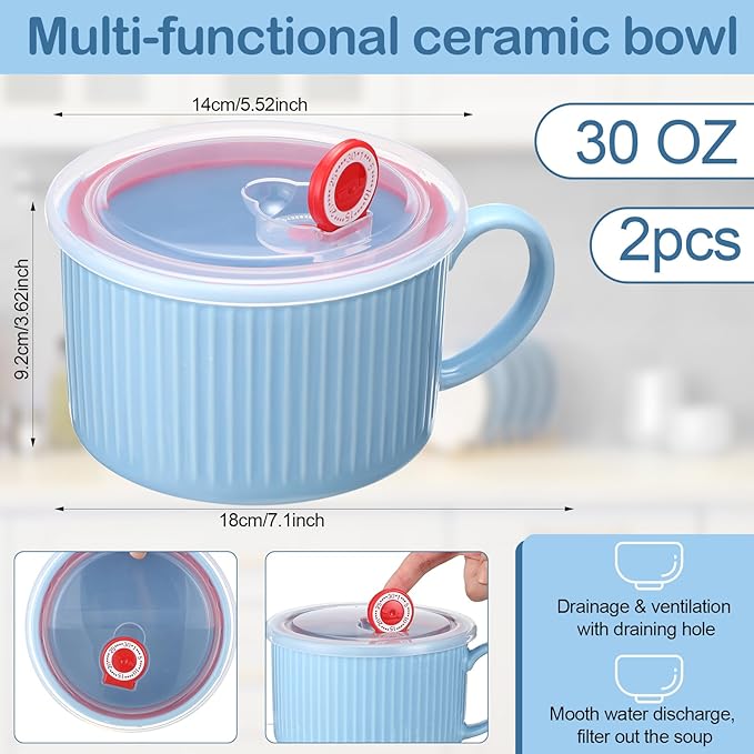 Nuenen 2 Pcs Soup Bowls with Lids and Handles 30 oz Microwave Safe Ceramic Soup Mug Microwavable Ramen Containers with Lids Large Colorful Cups for Noodle Cereal kitchen (Baby Blue)