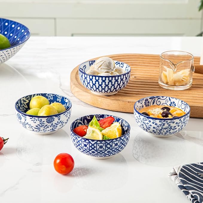 Ceramic Mini Dipping Bowls - 4 Oz Small Dessert Bowl Set - 3.5 Inch Porcelain Bowls for Side Dishes, Snack, Yogurt, Appetizer - Microwave Dishwasher Safe - Set of 6 - Vintage Blue