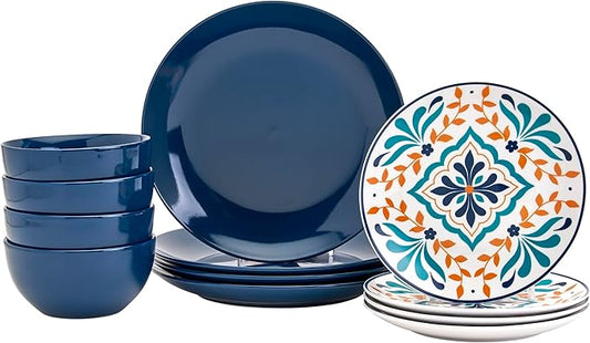 Tabletops Gallery 12-Piece Isabella Patterned Ceramic Dinnerware Set of Kitchen Dishes, Dinner Plates, Cereal Bowls, Service for 4, Blue