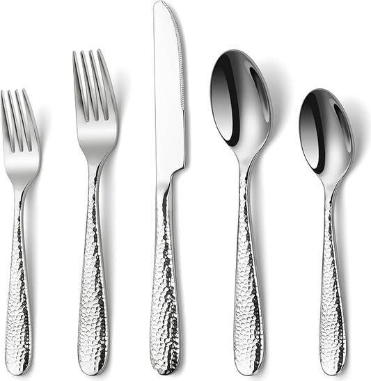 Hammered Silverware Set, EUIRIO 40-Piece Heavy Duty Cutlery Set for 8, Stainless Steel Flatware Set, Food-Grade Utensil Sets Includes Spoons Forks and Knives, Mirror Finish Dishwasher Safe