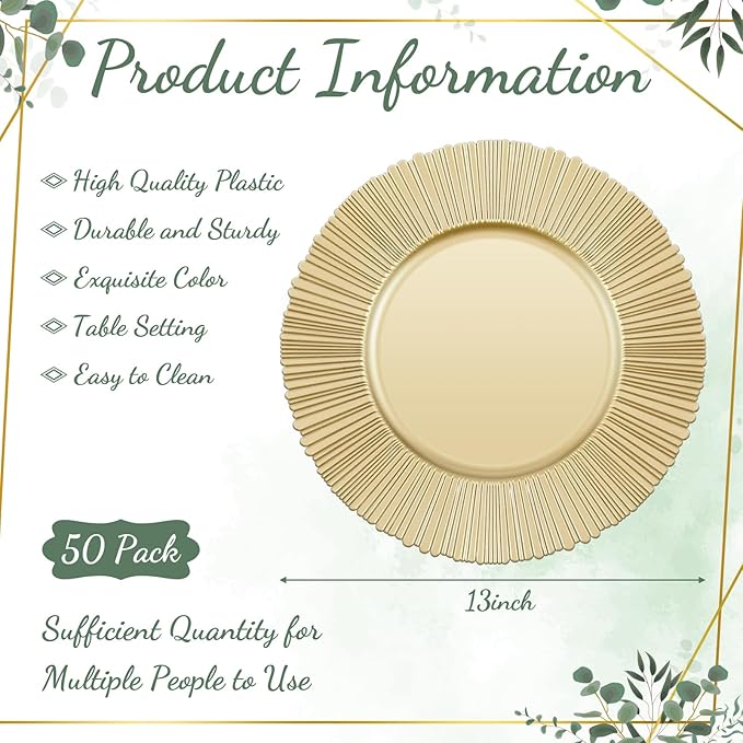Yaomiao 50 Pcs 13 Inch Gold Charger Plates Bulk Plastic Plates Chargers Round Dinner Chargers for Wedding Party Table Setting Bridal Shower Event Decor (Light Gold)