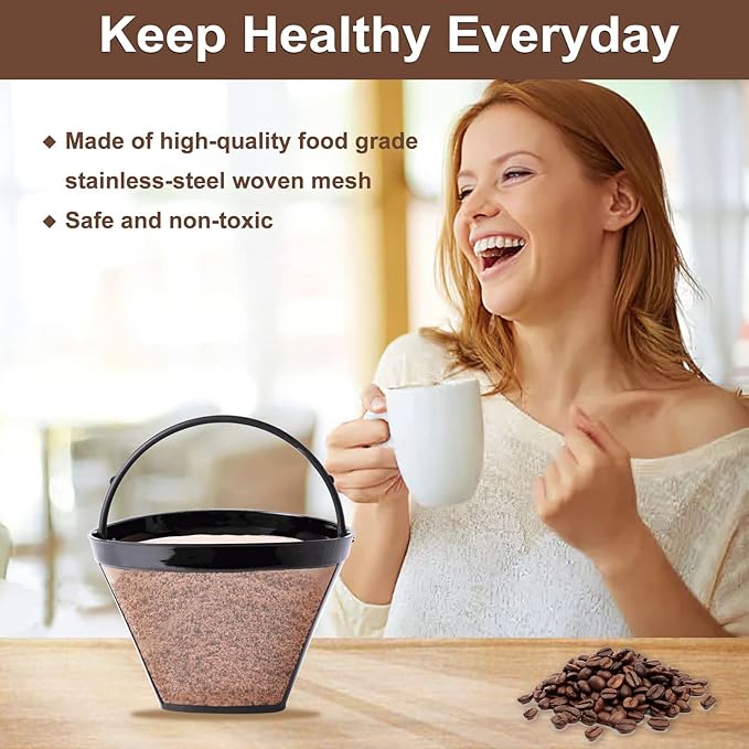 KEEPOW Reusable Cone Coffee Filters #4, 2-Pack 8-12 Cup Gold Permanent Coffee Filter Basket for Cuisinart/Ninja Dual Brew Pro CFP301/ Hamilton Beach, Size 04 Pour Over Coffee-maker Dripper Accessories