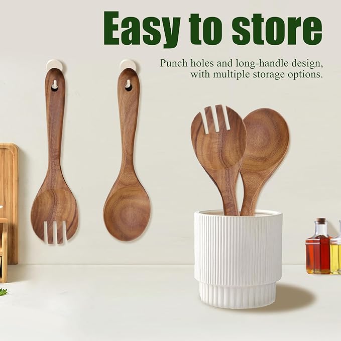 2 Pieces Long Handle Wooden Salad Servers Utensils, Acacia Wooden Serving Spoons & Fork, 10.2''/26 CM Salad Servers Set Tongs for Mixing Tossing Fruit Cooking Kitchen
