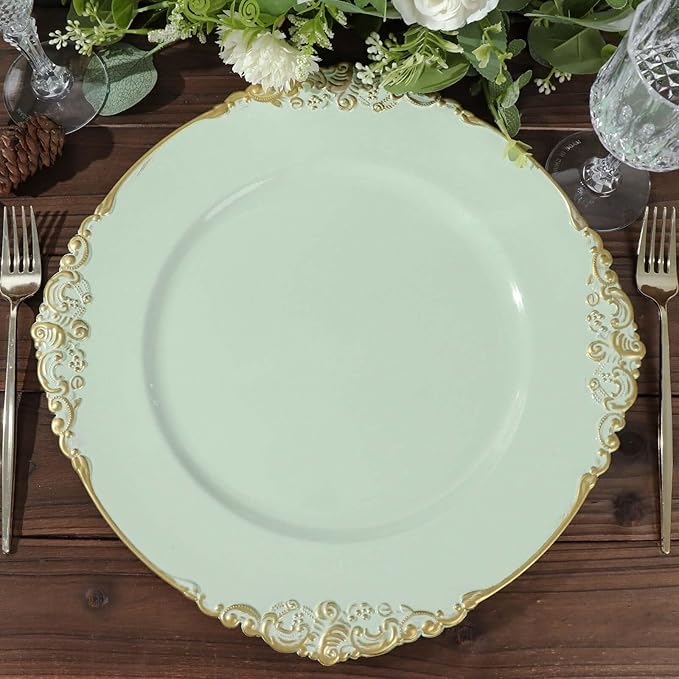 13" Charger Plates -Set of 24 - Acrylic Sage Green Round Baroque Disposable Chargers Leaf Embossed Rim, Ideal for Dinner Party Wedding Bulk Events