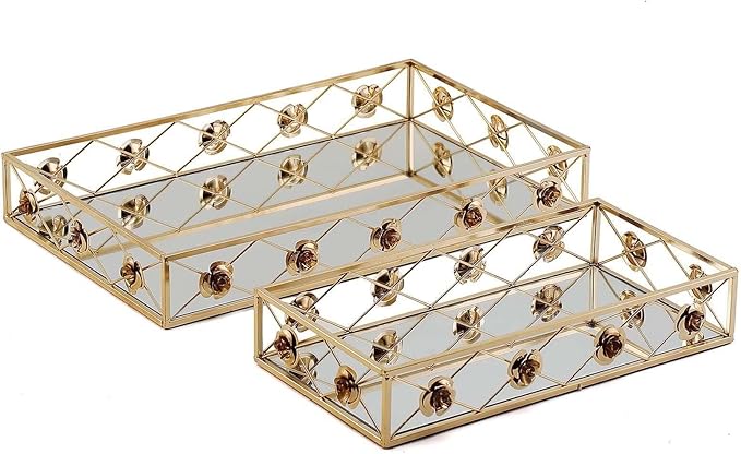 Efavormart Set of 2 Gold Metal Decorative Serving Trays Floral Bordered Rectangle Mirror Trays - 19"x12" / 15"x8"