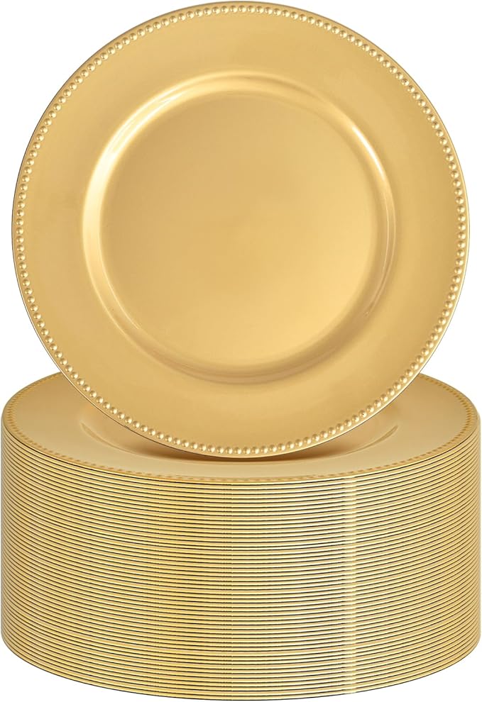50 Pcs Gold Charger Plates Round Charger Plates13 Inch Bulk Wedding Dinner Elegant Reusable Plastic Chargers Plates Wedding Holiday Party Baby Shower Event Decoration (Gold)