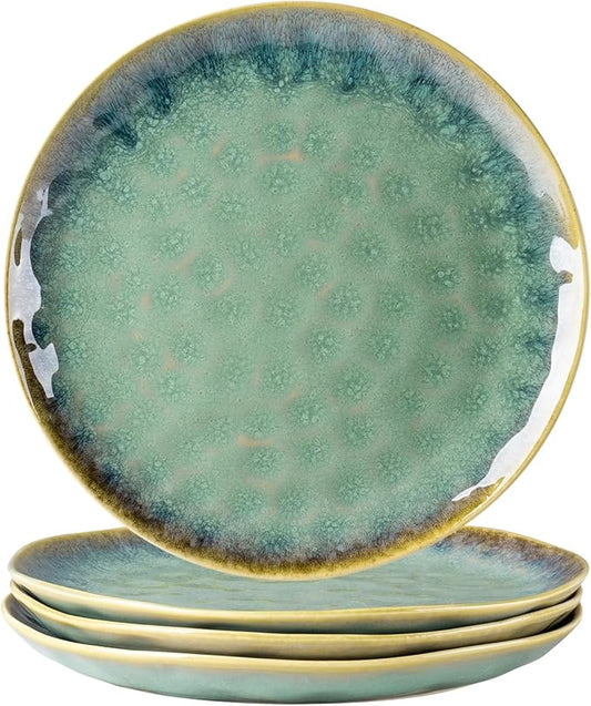 Henten Home Ceramic Dinner Plate Set, 11 Inch Porcelain Pizza, Pasta, Salad Plates, Irregular Shape Steak Plates Set of 4, Stoneware Serving Dishes for Kitchen (Green)