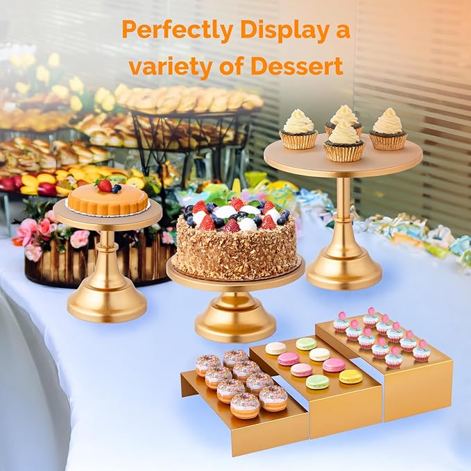 ROVSUN 8PCS Gold Cake Stand Set, Dessert Table Display Set, Metal Cupcake Tower Stand, Fruit Candy Donut Risers Stands with Serving Tongs Cutting Knife for Wedding Birthday Party Baby Shower