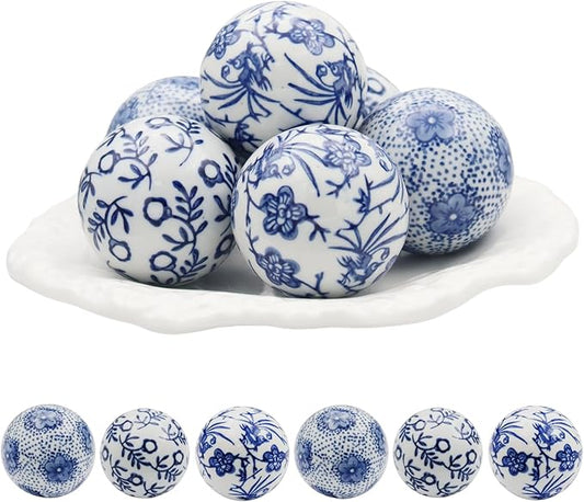 6 Pcs Decorative Blue Balls Chinoiserie Blue and White Ceramic Balls for Centerpiece Bowls Farmhouse Basket Tray Vases Decoration Gifts for Dining Table Holiday(A)