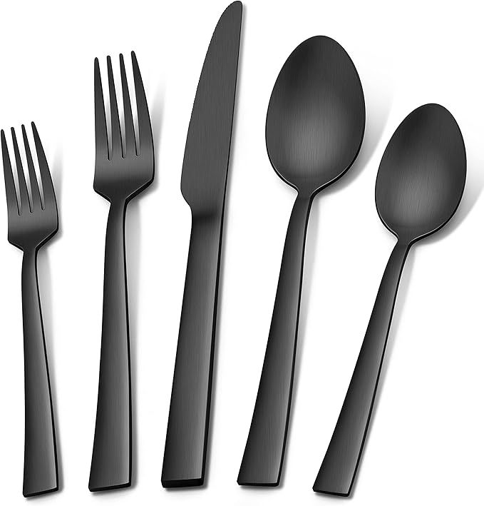Herogo 20-Piece Matte Black Silverware Set for 4, Stainless Steel Square Flatware Cutlery Set, Tableware Eating Utensils Include Knife Spoon Fork, Satin Finish, Dishwasher Safe