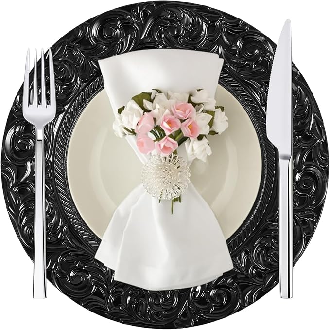 Black Plastic Charger Plates Set of 150, 13” Reusable Party Chargers for Dinner Plates, Elegant Round Service Plate Chargers Bulk Decorative for Wedding, Catering Table Decor