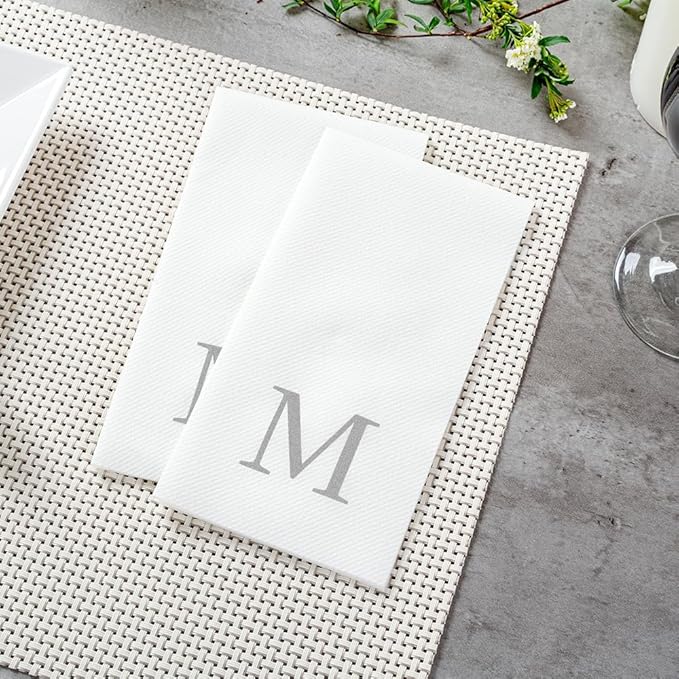 Luxenap 15.8 X 7.9 Inch Linen-Feel Guest Towels, 2000 Lettered Hand Towels - Silver Letter 'M', Sans Serif Font, White Paper Dinner Napkins, airlaid, For Restrooms And Tables - Restaurantware