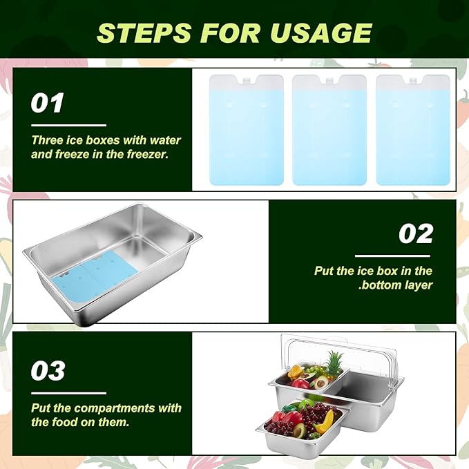 Tessco for you 16 Pcs Ice Food Spice Serving Display Countertop Chilled Condiment Container Set with Lid, Stainless Steel Salad Cold Caddy for Buffet Restaurant Kitchen Party(2 Compartments)