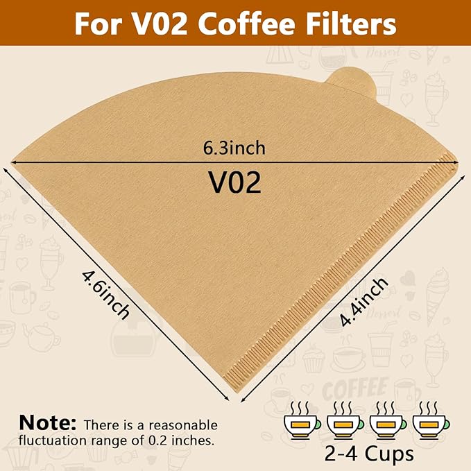 Disposable Cone Coffee Filters V02-200 Count Unbleached Natural Brown Paper Filters, 2-4 Cup Pour Over & Drip Coffee Makers, Compatible with Conical/V-Shaped Drippers