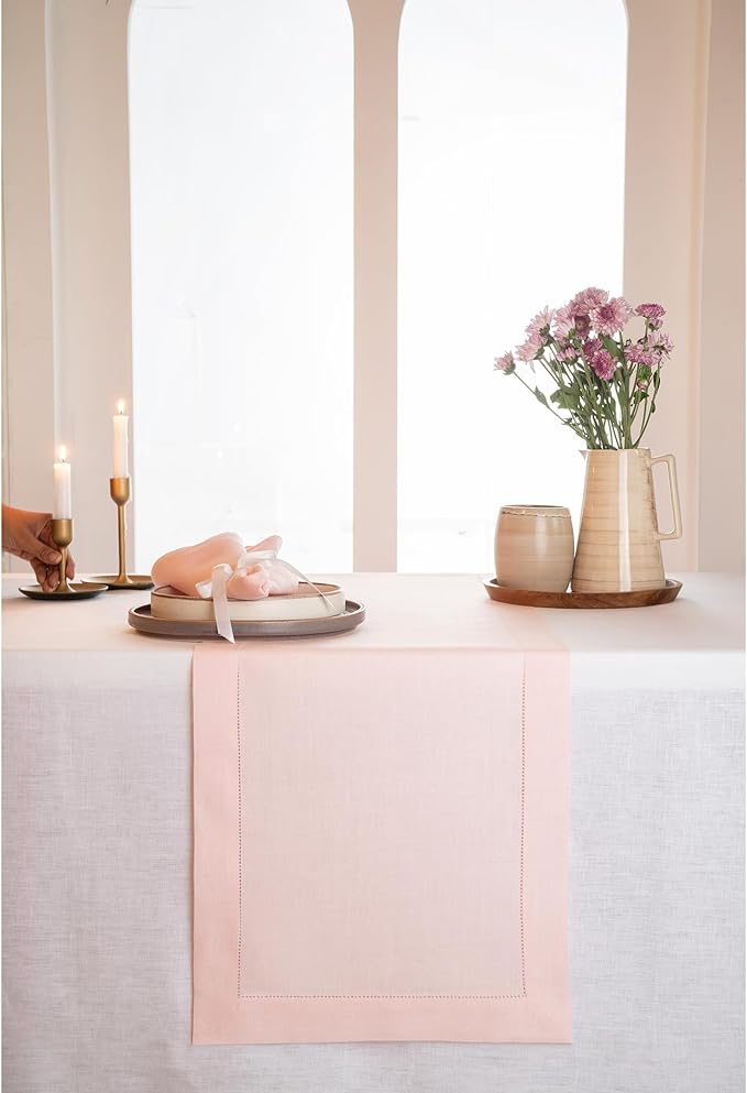 D'Moksha Homes Linen Pastel Pink Table Runner 108 Inches Long - 100% Pure Linen 14 x 108 Inch Table Runner for Winter, Christmas, Holiday, New Year - Classic Hemstitch