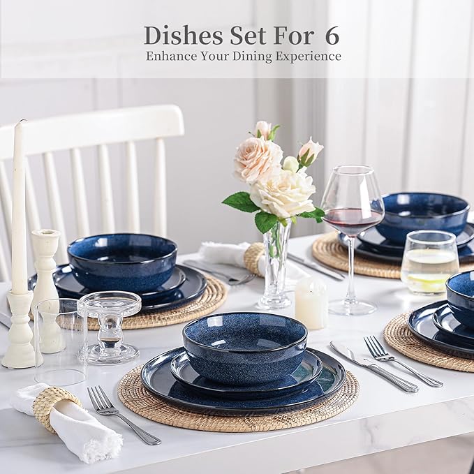 Ceramic Salad Dessert Plates Set: 8 inch Porcelain Reactive Glaze Plates Set, Mordern Stoneware Kitchen Dinnerware Dishes Set, Microwave & Dishwasher Safe, Scratch Resistant, Set of 6 (Blue)