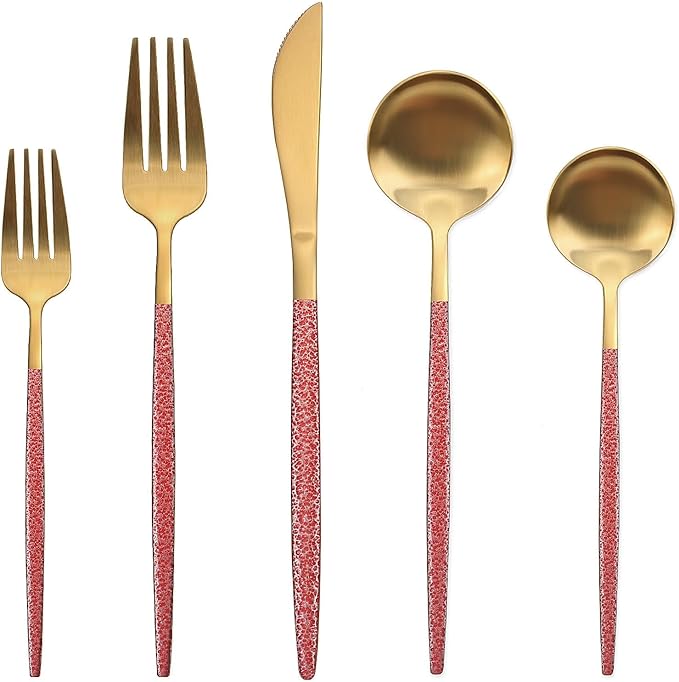 20-Piece Silverware Set for 4,Gold Flatware Set With Red Handle,Durable Kitchen Eating Tableware Set,Include Fork Knife Spoon Set,Premium Stainless Steel Flatware Set,Dishwasher Safe