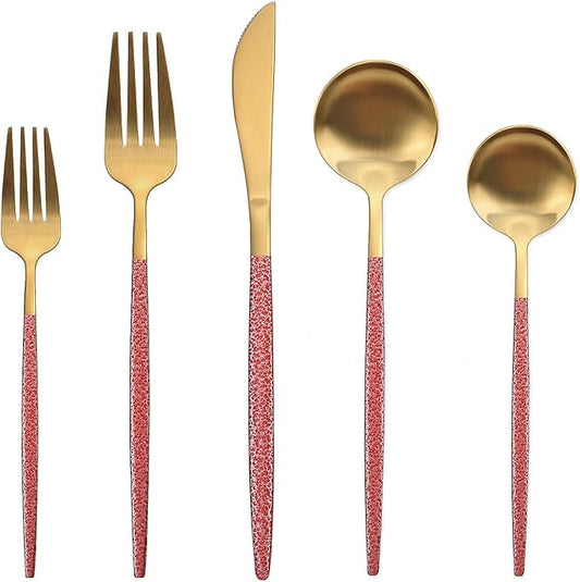 20-Piece Silverware Set for 4,Gold Flatware Set With Red Handle,Durable Kitchen Eating Tableware Set,Include Fork Knife Spoon Set,Premium Stainless Steel Flatware Set,Dishwasher Safe