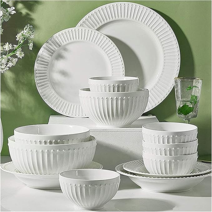 Ceramics Dinner Sets, 56 Pieces Relief Stripe Cereal Bowl and Steak Plate Set | Pure White Porcelain Dinnerware Set for Family Gathering