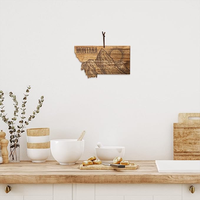 Totally Bamboo Rock & Branch Origins Series Montana State Shaped Cutting Board and Charcuterie Serving Tray, Includes Hang Tie for Wall Display 16" x 9-1/2" x 5/8"