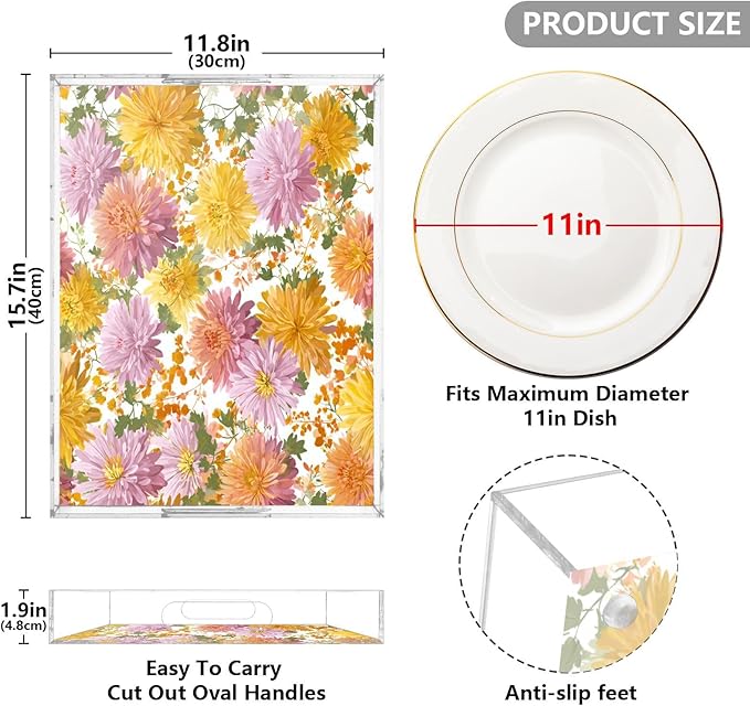 Serving Tray with Handles Clear Acrylic Tray 12x16 Inch Decorative Rectangular Tray Organizer for Ottoman Coffee Table Bathroom Pretty Chrysanthemum Flower