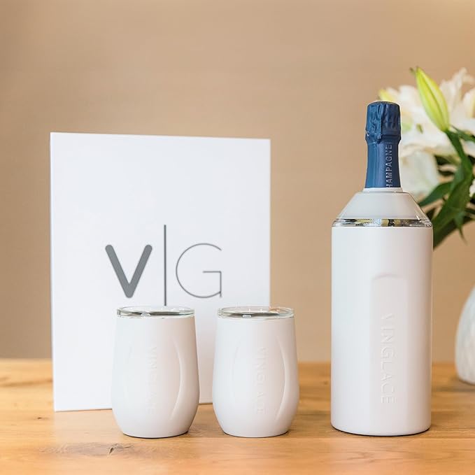 Vinglacé Wine Bottle Chiller Gift Set- Portable Stainless Steel Wine Cooler with 2 Stemless Wine Glasses, Stone