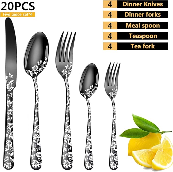Vilihkc 20 piece Unique Pattern Design Silverware Set, Stainless Steel Flatware Set Service for 4, black Cutlery Set, Mirror Polished Utensil Set for Kitchen, Dishwasher Safe