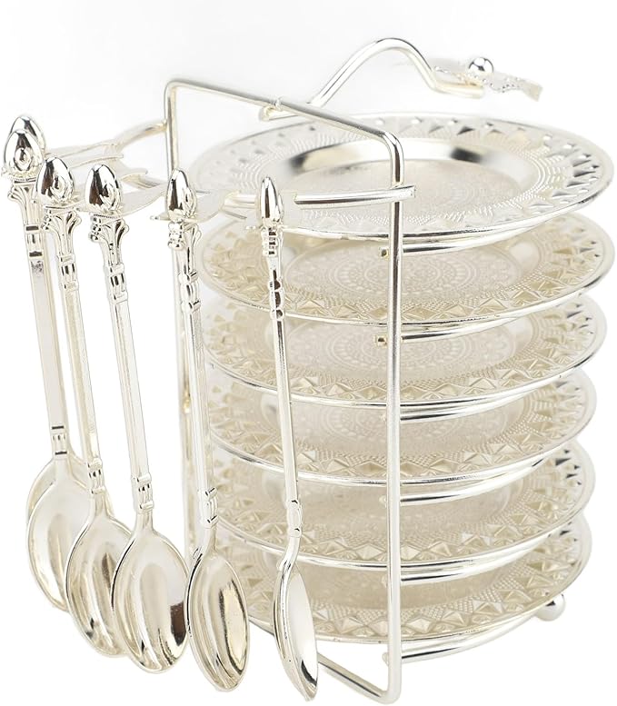 Zerodis European Style Food Plate, Zinc Alloy Snack Storage Platter Set with Spoon, Elegant Serving Tray for Steaks Pasta Fruits At Parties (Silver)