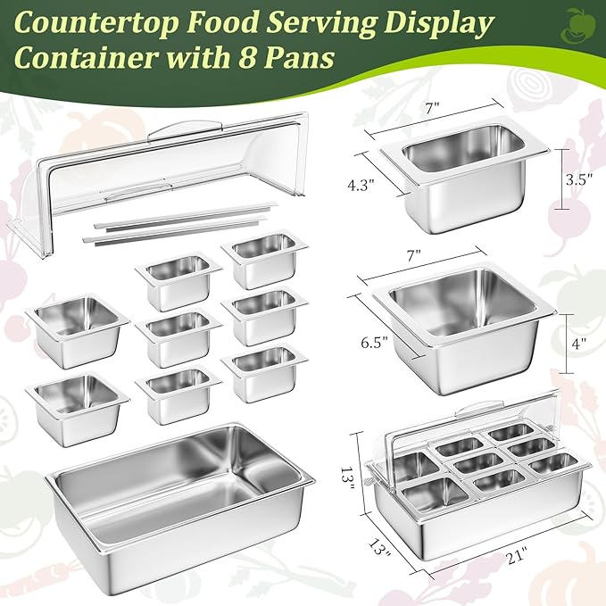 Countertop Food Serving Display Container with Clear Roll Top Cover, Stainless Steel Salad Serving Tray Condiment Dispenser Ice Food Serving Display Tray for Buffet Restaurant Kitchen Party(8 Pan)