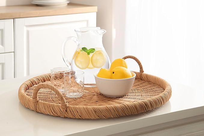 Kate and Laurel Cormont Modern Round Woven Rattan Tray with Handles; 23 Inch Diameter; Natural Rattan; Decorative Circle Boho Tray for Use as Versatile Ottoman Tray or Serving Platter