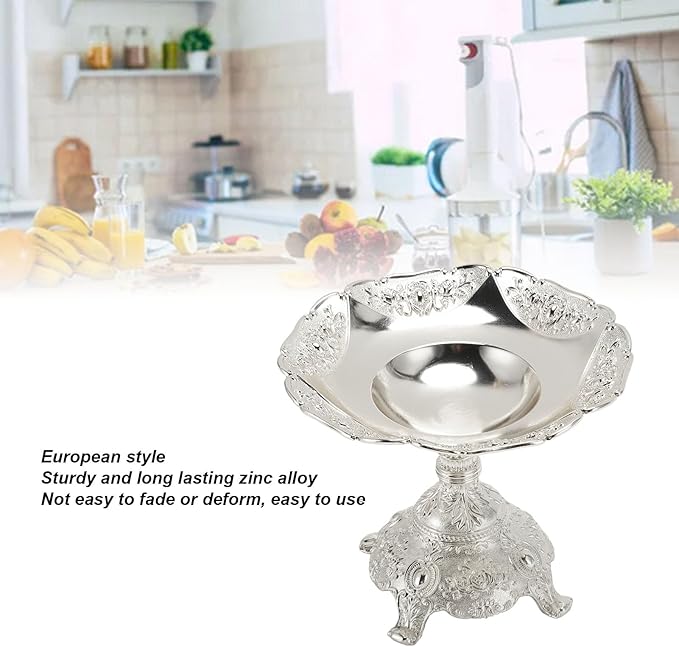 TOPINCN Metal Table Fruit Tray and Bowl, European Style Candy Serving Plate Decorative Dessert Snack Dish Zinc Alloy Snack Nut Food Serving Storage Rack Dining Table Decor (S) (Silver)
