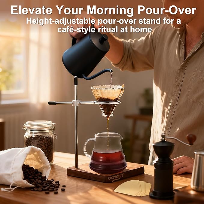 Pour Over Coffee Stand with American Black Walnut Base, Adjustable Coffee Dripper Stand, Wooden Brewing Station, Cone Holder, Elegant Gift for Brew Enthusiasts, Home Barista & Kitchen Décor