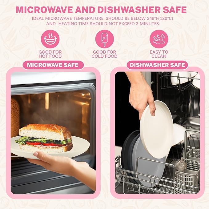 Homienly Wheat Straw Plates Set of 8, Reusable Lightweight and Unbreakable 9 inch Plates, Premium Microwave and Dishwasher Safe Plates for Kitchen, Camping, Picnic, Party - GreyStone