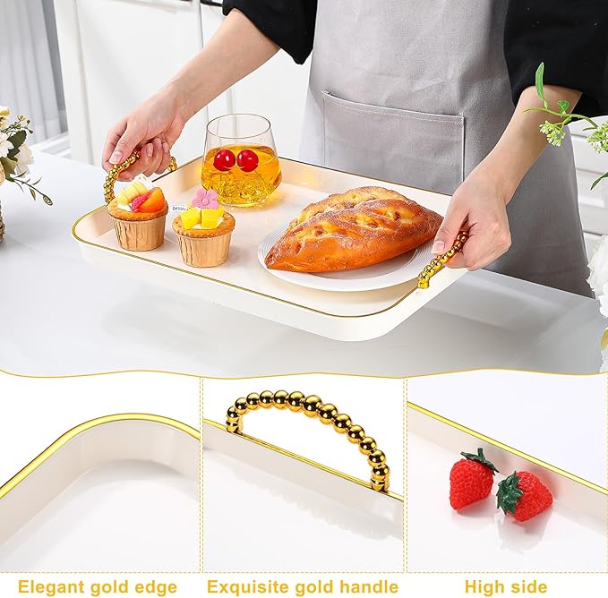 Rtteri Set of 6 Serving Platters with Handles 18.3/16.73/14.8 Inch Large Rectangular Serving Tray Reusable for Entertaining Dinner Party Wedding Decoration(Round Beads Handles,White)