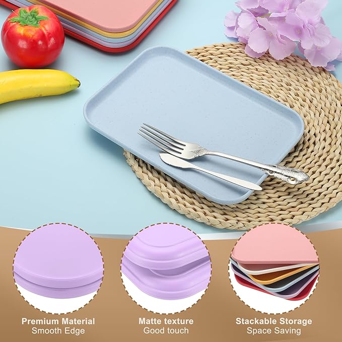 PATIKIL 7.9x5.9 Plastic Tray, 2 Pack Rectangular Plates Small Food Tray Wheat Plates Dishes Reusable Dessert Plate Trays with Cloth for Cake Fruits Salad Cupcake Steak Serving Purple