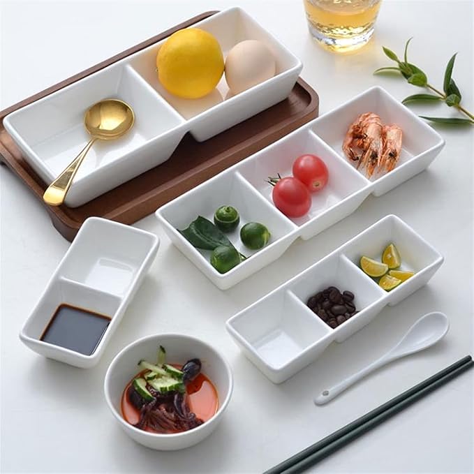 Sauce Dish White Ceramic Soy Sauce Dish 3 Compartment Appetizer Plate Tray Divided Dipping Sauce Dishes for Sushi Ketchup Appetizer Serving (9.65inch Dipping Bowls