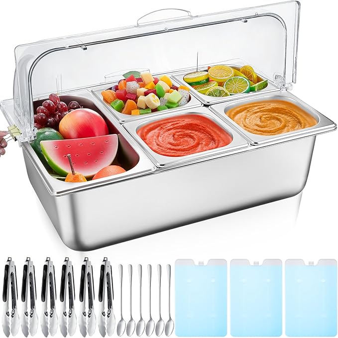 Tessco for you 16 Pcs Ice Food Spice Serving Display Countertop Chilled Condiment Container Set with Lid, Stainless Steel Salad Cold Caddy for Buffet Restaurant Kitchen Party(5 Compartments)