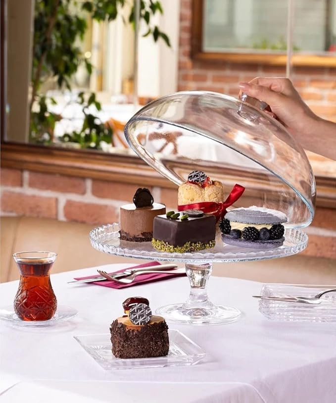 Cake Stand with Dome Lid, Glass Desert Serving Plate and Cover, Footed Pastry Display Server, 12.60 inch Wide Glass Decorative Kitchen Platter for Cupcake Cookies Cheesecake Donut