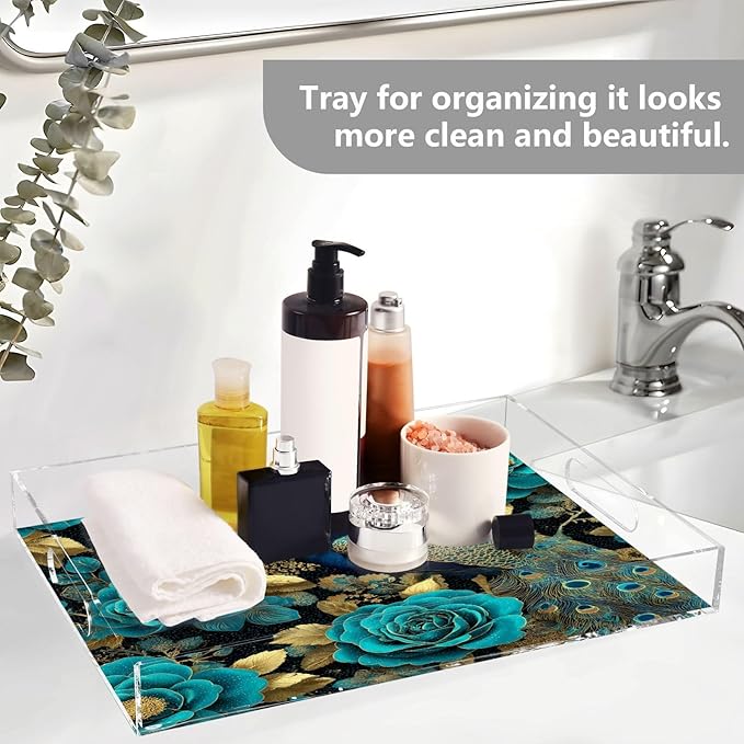 Serving Tray with Handles Clear Acrylic Tray 12x16 Inch Decorative Rectangular Tray Organizer for Ottoman Coffee Table Bathroom Vintage Peacock and Roses