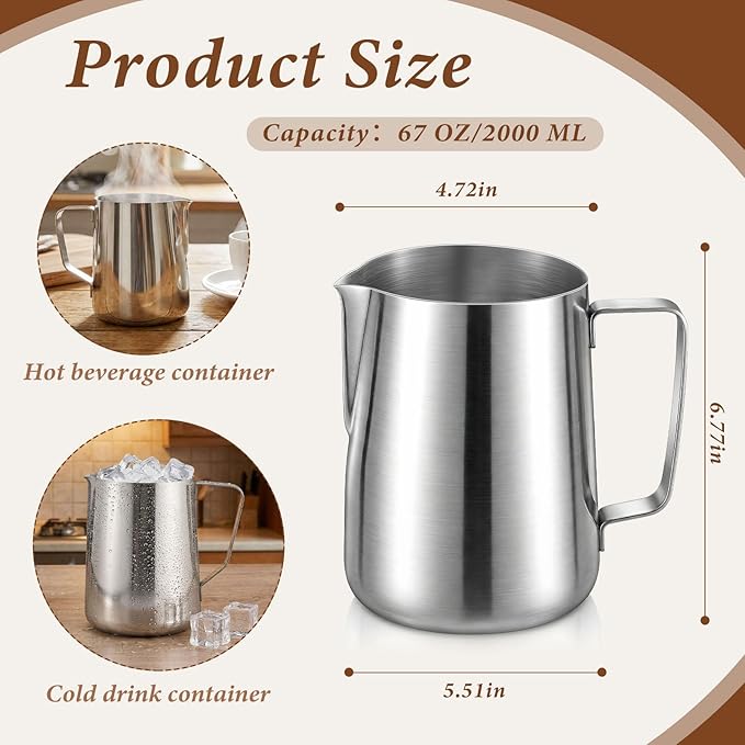 2 Pack Stainless Pitcher, 67 oz Milk Frothing Jug with Handle and Pour Lip, Heavy Duty Metal Pitcher for Iced Tea Hot Cold Water, 2000ml (8 Cup)