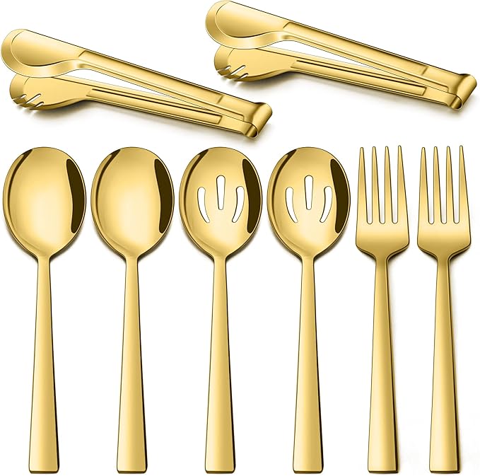 LIANYU Gold Serving Utensils Set of 8, Stainless Steel Serving Spoons, Slotted Spoons, Serving Forks, Metal Tongs for Kitchen Buffet Party Banquet Entertaining, Mirror Finished, Dishwasher Safe