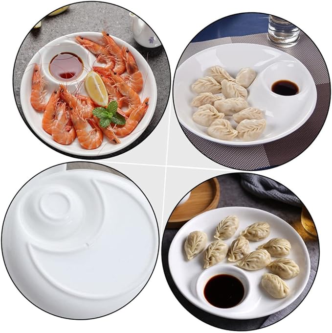 9-Inch White Ceramic Dumpling Plate Simple Style Serving Dish for Dipping and Sauces for Appetizers and Desserts for Entertaining