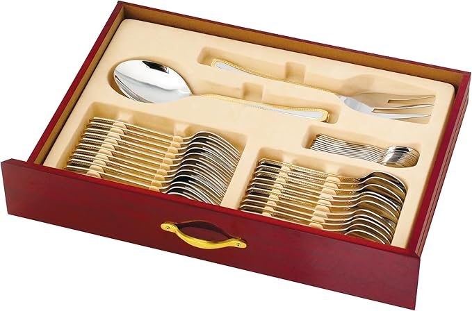 75-Pc Luxury Flatware Set for 12 w/Storage Case 24K Gold Premium Dining Cutlery Service - 18/10 Surgical Stainless Steel Silverware Hostess Serving Set in a Chest