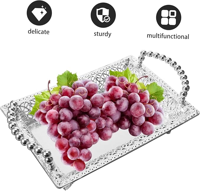 Portable Snack Platter Dried Fruit Bowl Handle Silver Metal Tray Serving Plate