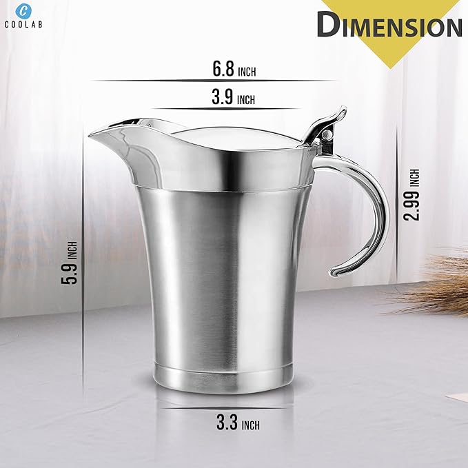 450ML Stainless Steel Gravy Boat with Lid – Double Insulated Gravy Pitcher for Hot & Cold Sauces – Elegant Sauce Boat Small Gravy Server for Steak, Turkey, and Holiday Dinners