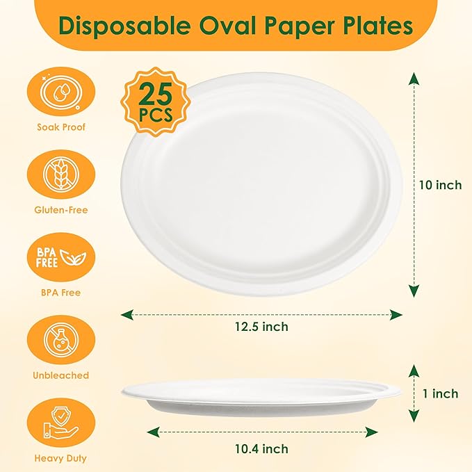 Disposable Oval Paper Plates, 25Pack 12.5inch Biodegradable Paper Plates, Compostable Heavy Duty Bagasse Platters Eco-Friendly Sugarcane for BBQ, Party, Picnic - White