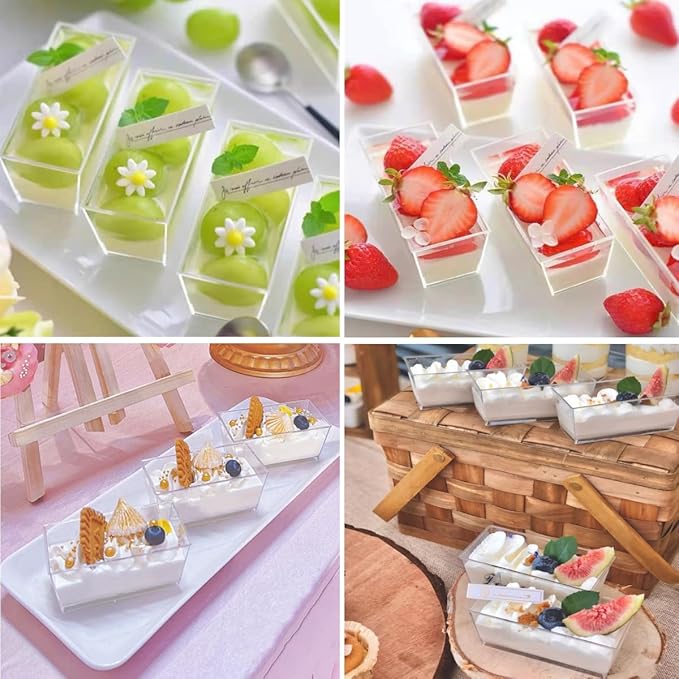 4.8oz/140ml Clear Dessert Cups with Lids and Spoons,50Pcs Reusable Plastic Rectangle Dessert Cups,Mini Serving Bowl for Desserts Mousses,Puddings,Party