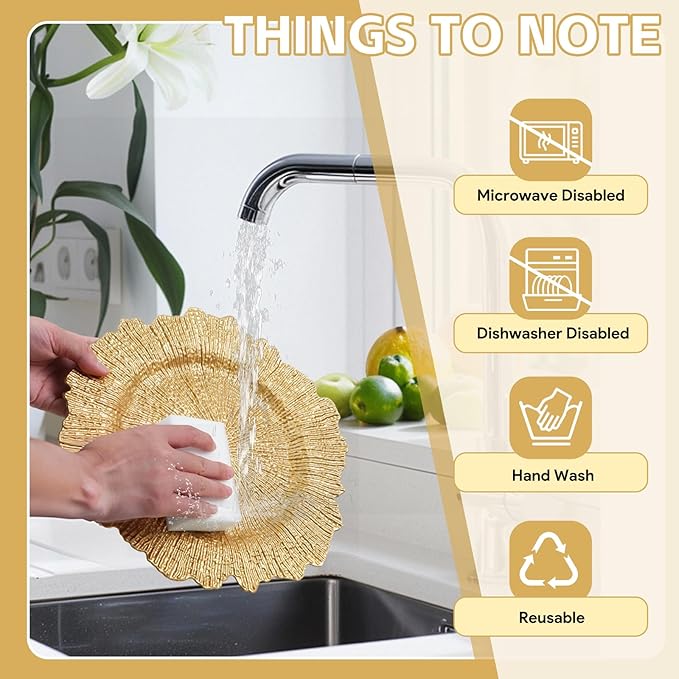 PROY 150 Pcs Charger Plates Set Bulk, 50 Pcs 13'' Gold Reef Charger Plates 50 Napkin Ring 50 Cloth Napkins Plastic Gold Chargers Set For Dinner Wedding Party Decoration